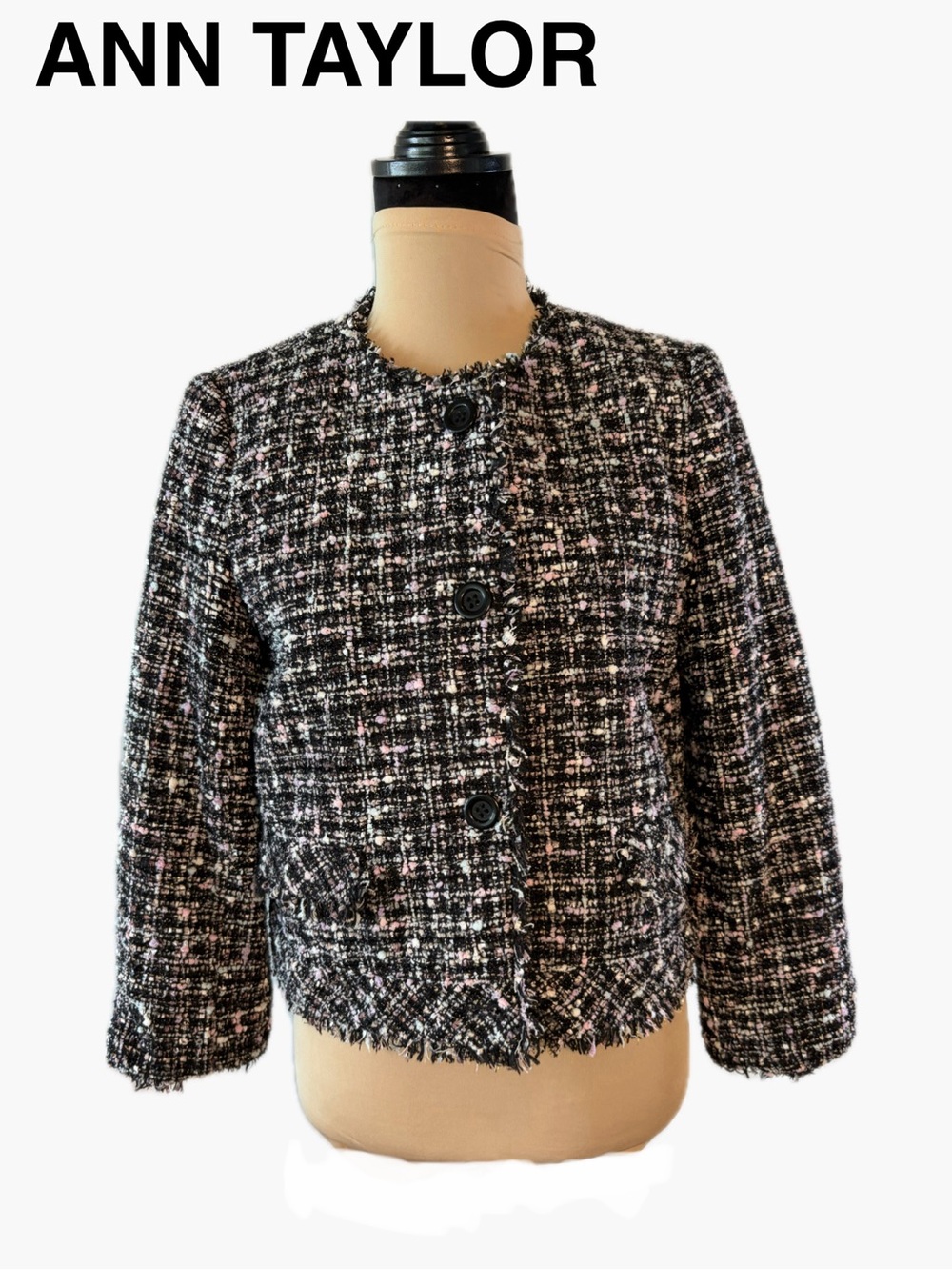 Ann Taylor Black and Pink Tweed Collarless Blazer